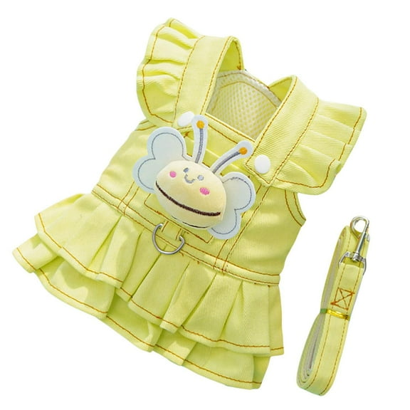 Harikaji Dog Dress with Leash, Denim Dog Skirt with D-ring & Detachable Plush Bee, Breathable Mesh Summer Pet Outfits for Cat Small Medium Dogs Yellow L