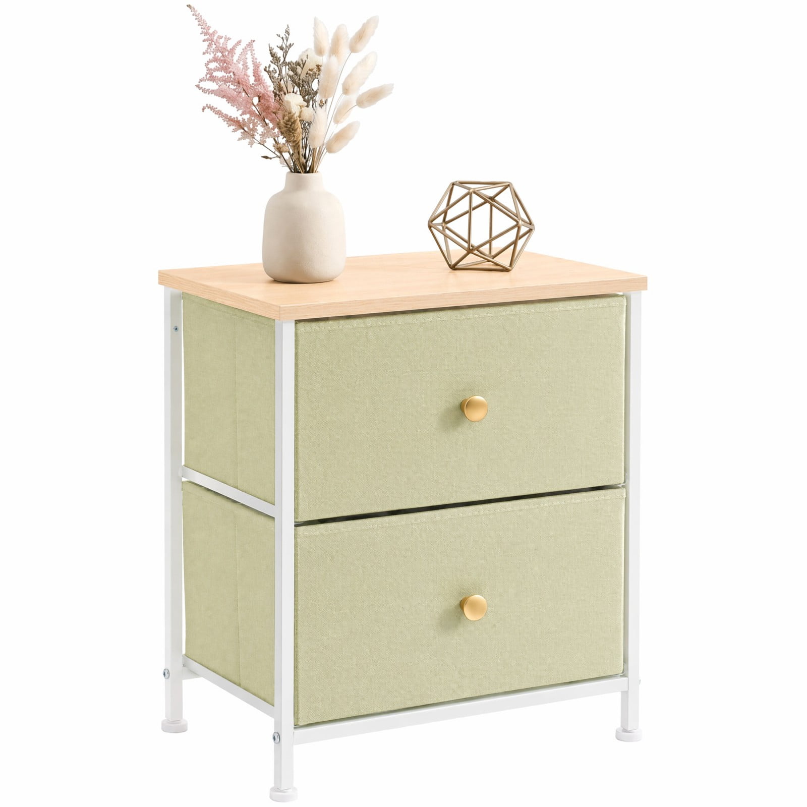 Telyra Fabric Nightstand with 2 Drawers 20" Bedside Table with Wood Top and Steel Frame Small Storage Organizer, Light Green