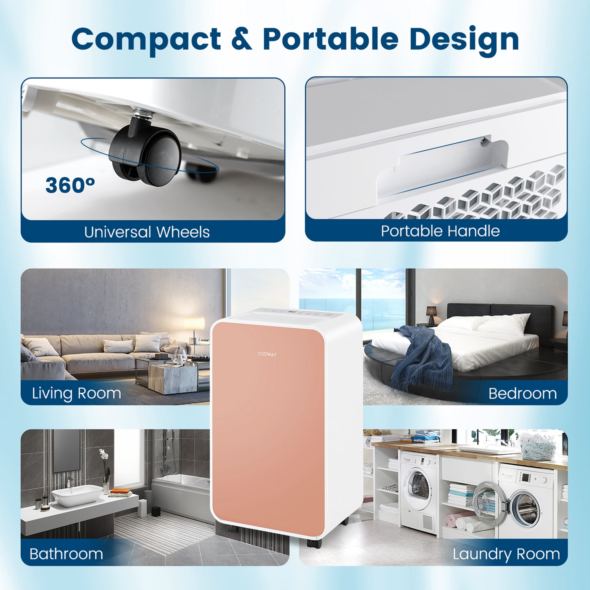 Costway 9-Pint(DOE) Portable Dehumidifier 2,500 Sq. ft Coverage Area Pink (MAX32Pint at 95°F, 90%RH)