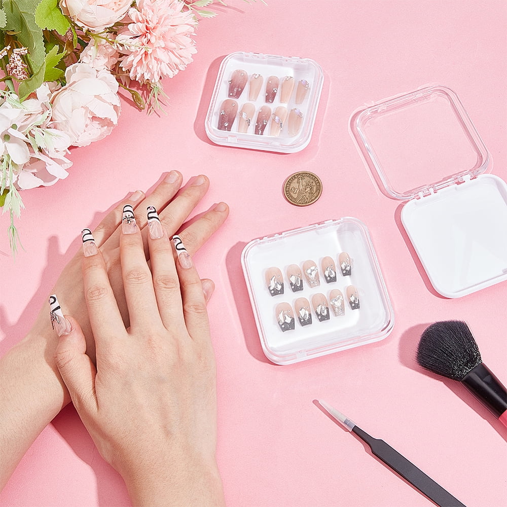 20Pcs Transparent Plastic Nail Art Tool Storage Box with 2 Sheets Double Side Adhesive Glue Sticky Tape For False Nail Tips White