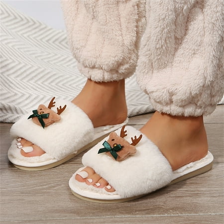 

TALKVE Christmas Ladies Fashion Solid Color Christmas Cartoon Deer Plush Open Toe Comfortable Flat Cotton Slippers