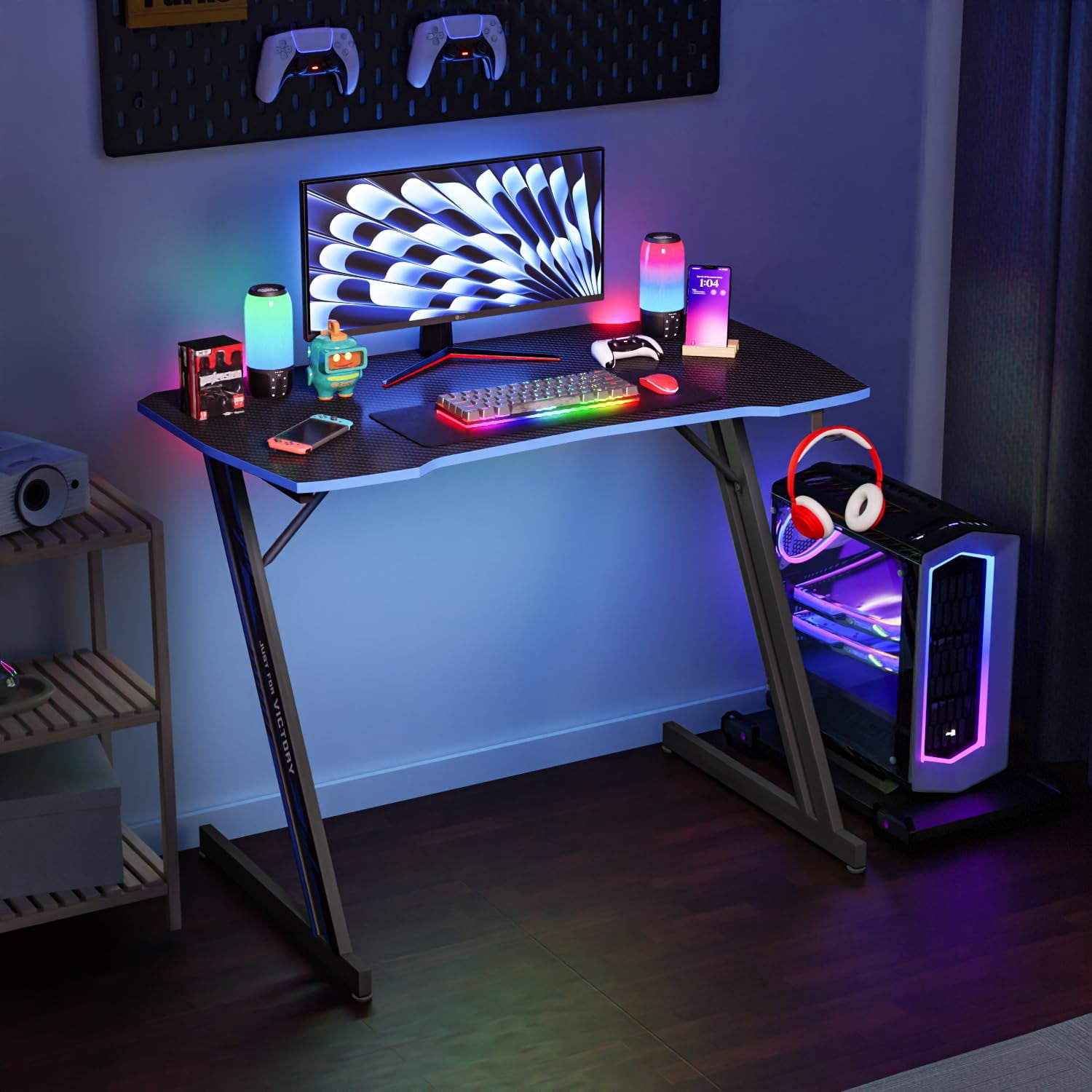 PayLessHere 39 Inch Z-Shaped Gaming Desk with Headphone Hook,Blue