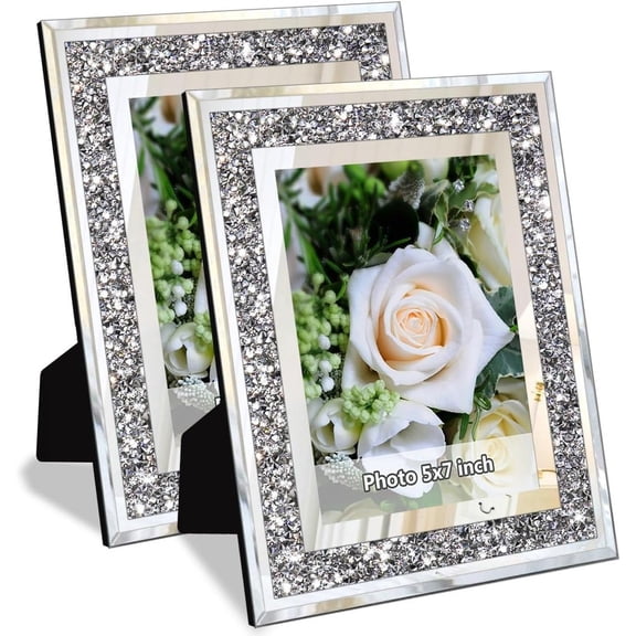 Crush Diamond Mirror Photo Frame In Bling Sparkle Crystal Silver Glass Finish, For Picture Size 5x7 inch, Pack of 2 Piece, table top Stand frame & Wall Frame