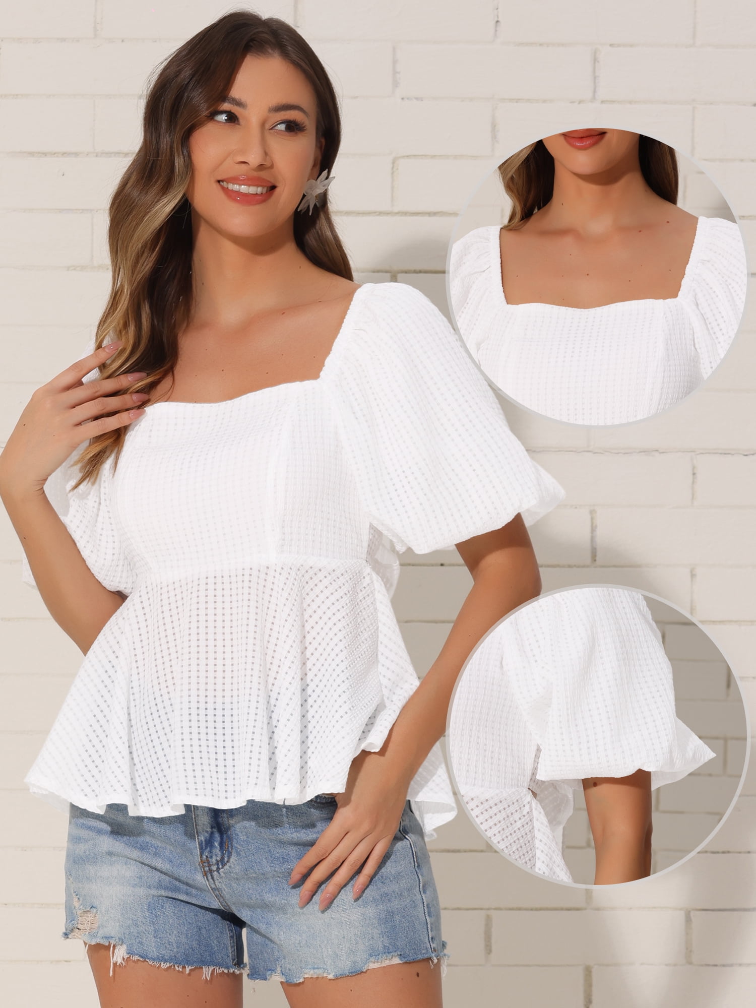 DARING DIVA Women's Peplum Square Neck Puff Short Sleeve Smocked Blouses S White