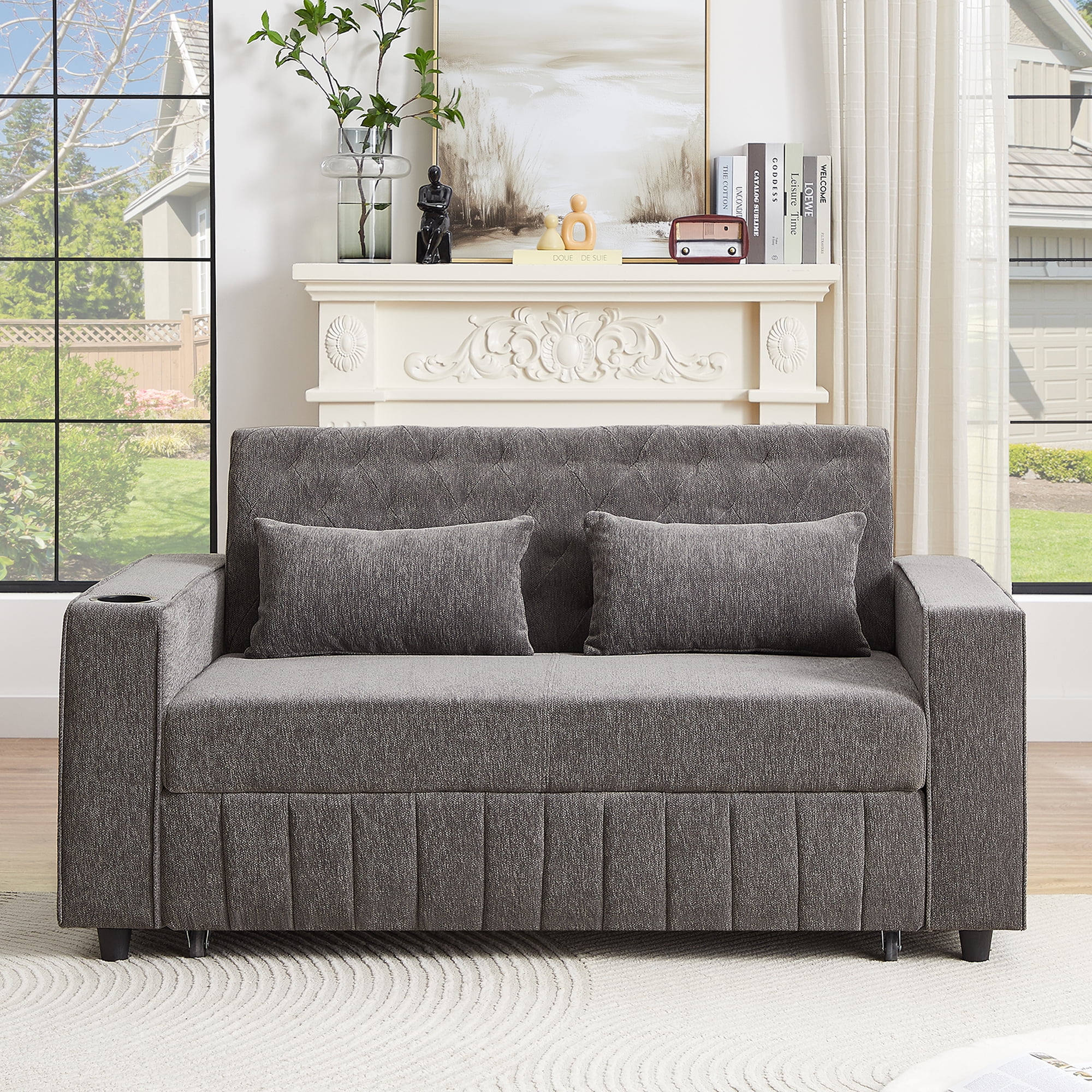 Euroco 61.4" Pull-out Sofa Bed Convertible Couch Loveseat Sofa Modern Sleeper Sofa with Adjustable Backrest for Living Room, Grey