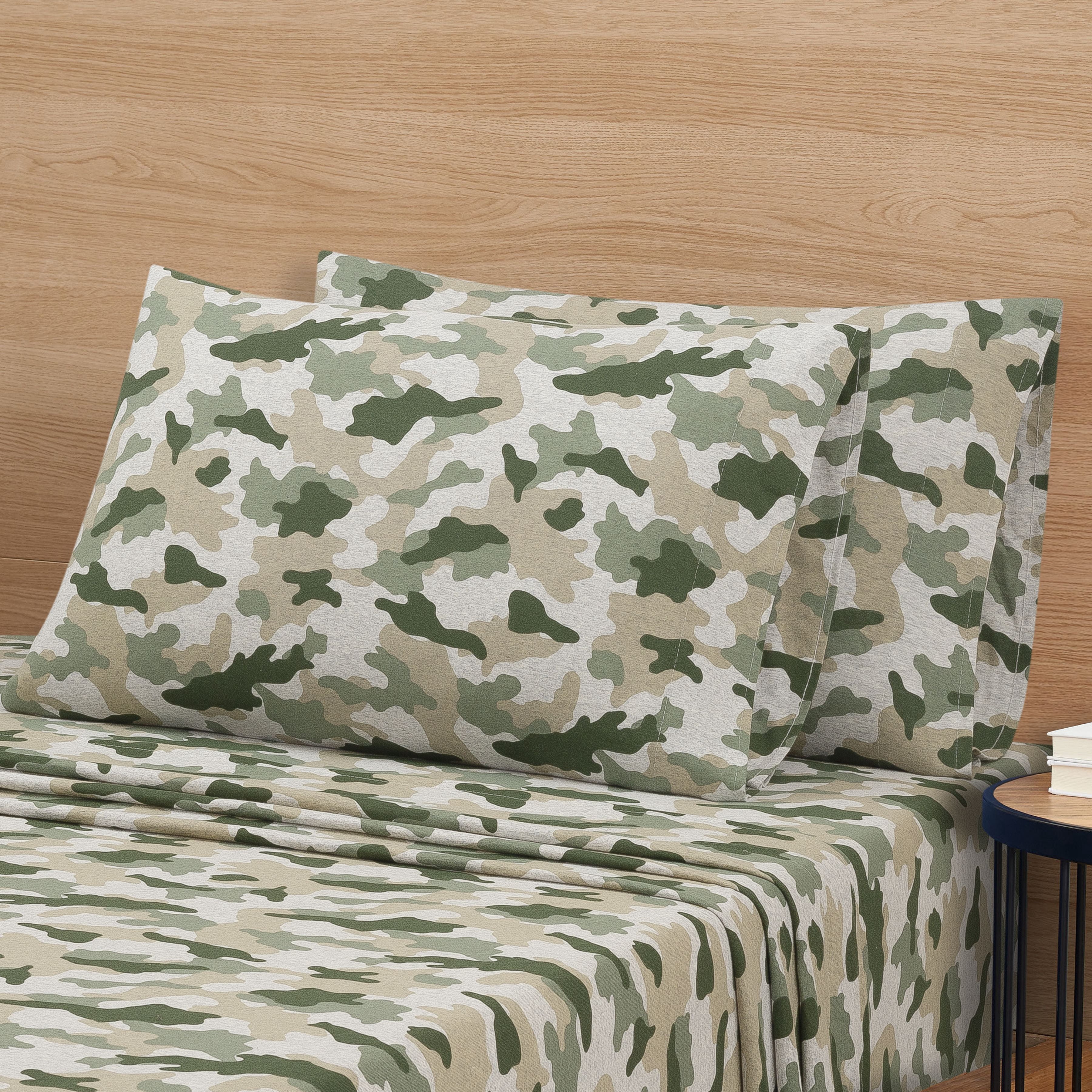 Mainstays Cotton Rich Extra Soft Jersey Bed Sheet Set, Full, Camo, 4 Pieces