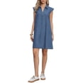 thumbnail image 2 of Denim Dress for Women V Neck Cap Sleeve Loose Above the Knee Casual Tunic Jean Dress Blue XS, 2 of 6