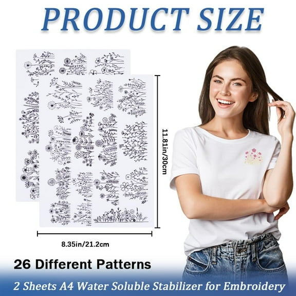 1 set 2 Sheets Flowers Grass Water Soluble Embroidery Patterns Stabilizers Hand Sewing Stick and Stitch Transfers Fabric Wash Away Pre-Printed Self Adhesive for Bags Cloth Sewing Lovers