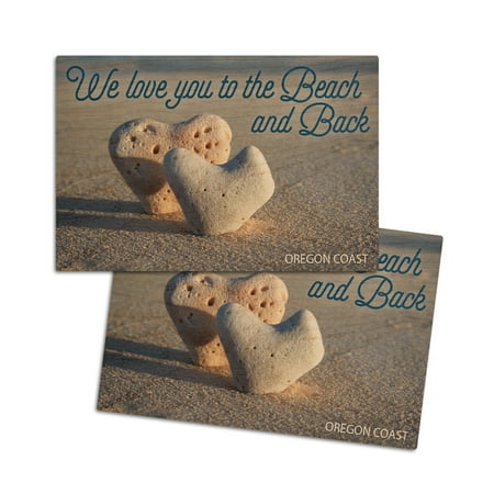 

Oregon Coast We Love You to the Beach and Back Heart Stones in Sand (4x6 Birch Wood Postcards 2-Pack Stationary Rustic Home Wall Decor)