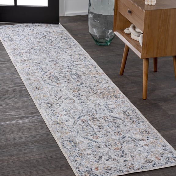 JONATHAN Y WASHABLE 2 x 8 Runner Rug, Brandy Rustic Border - Light Gray/Blue, WSH321B-28