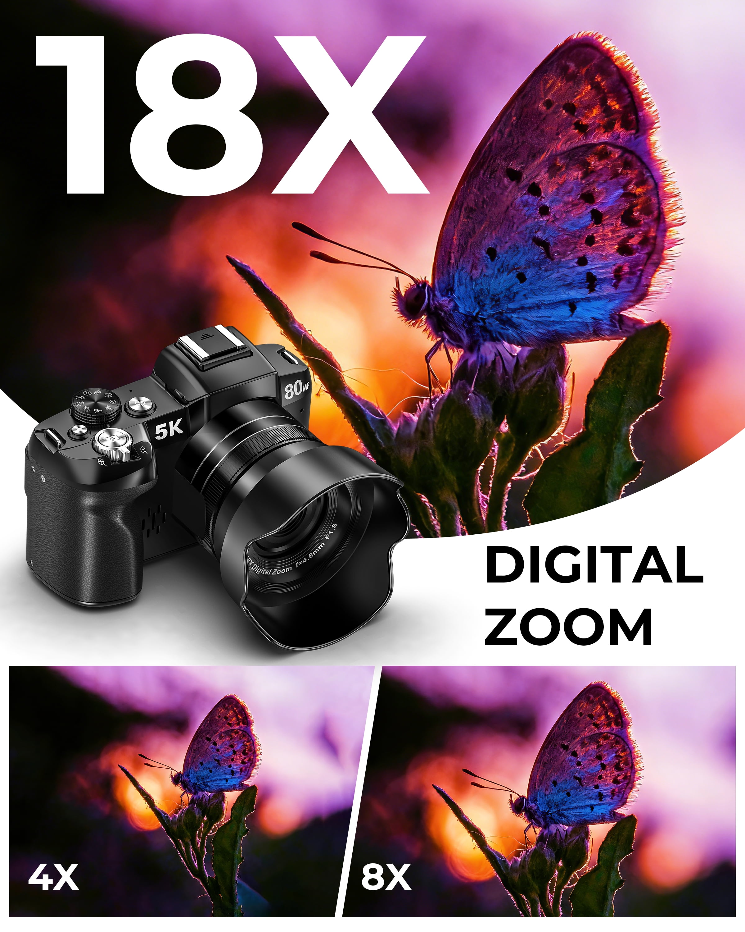 MARVUE Digital Camera 5K UHD 80MP WiFi Vlogging Camera Photography 3’’270 Flip Screen Autofocus with 32GB TF Card