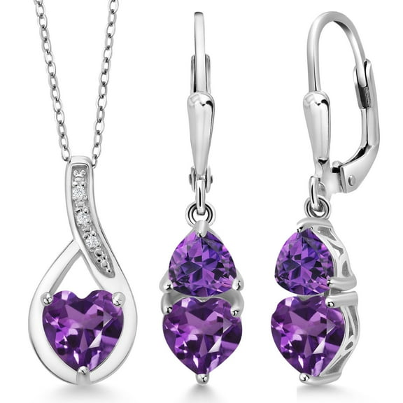 Gem Stone King 925 Sterling Silver Purple Amethyst Pendant Earrings Set for Women (3.30 Cttw, Gemstone February Birthstone, with 18 inch Chain)