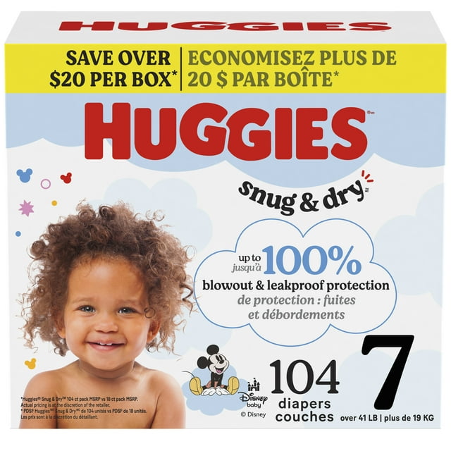 Couches Huggies Snug & Dry pour bébé, taille 7 (41 lb et plus), 104 unités