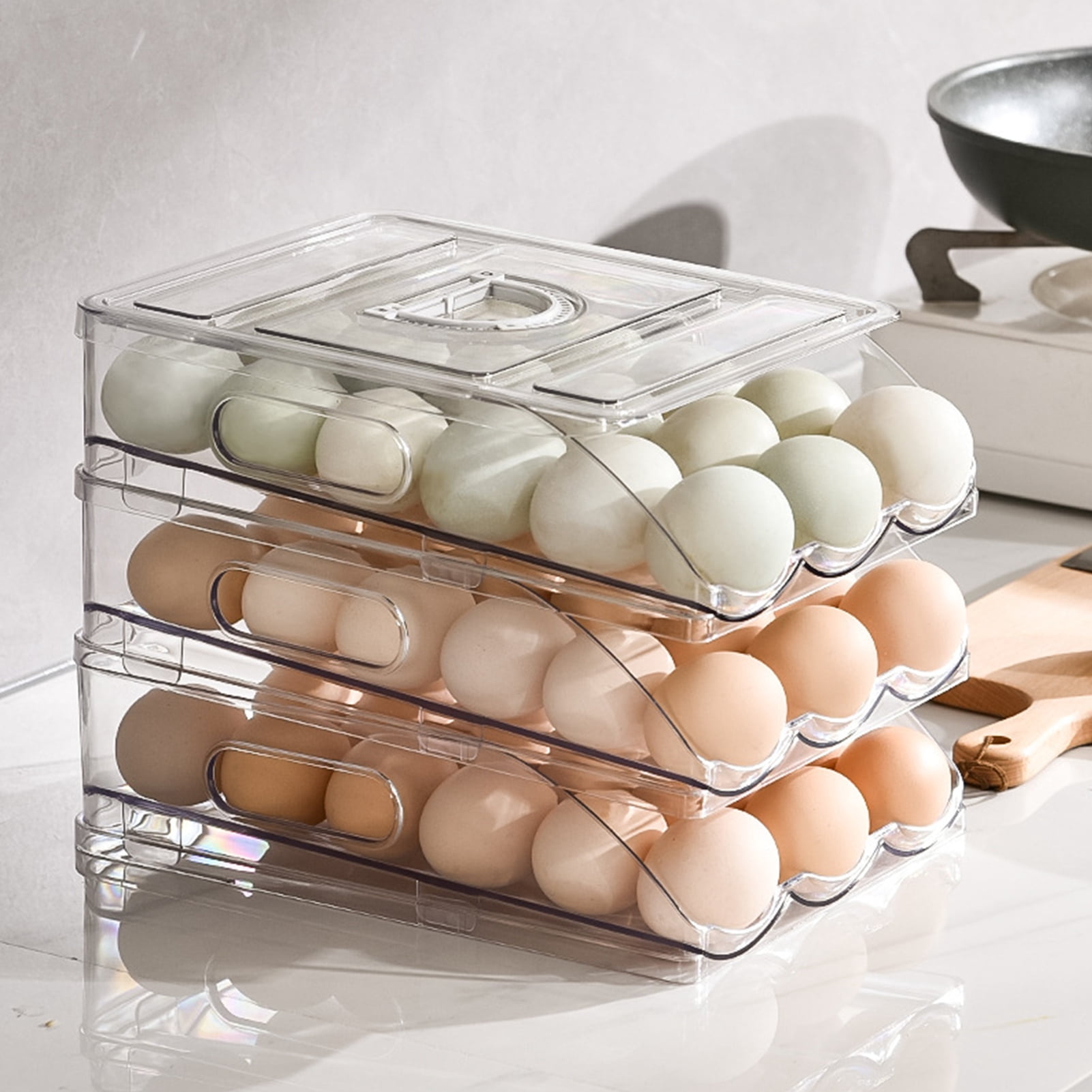 sunsanly Automatic Rolling Egg Organizer Storage Box BPA-Free Non-Slip Design Easy to Clean Transparent Stackable Egg Dispenser with Sturdy Lid