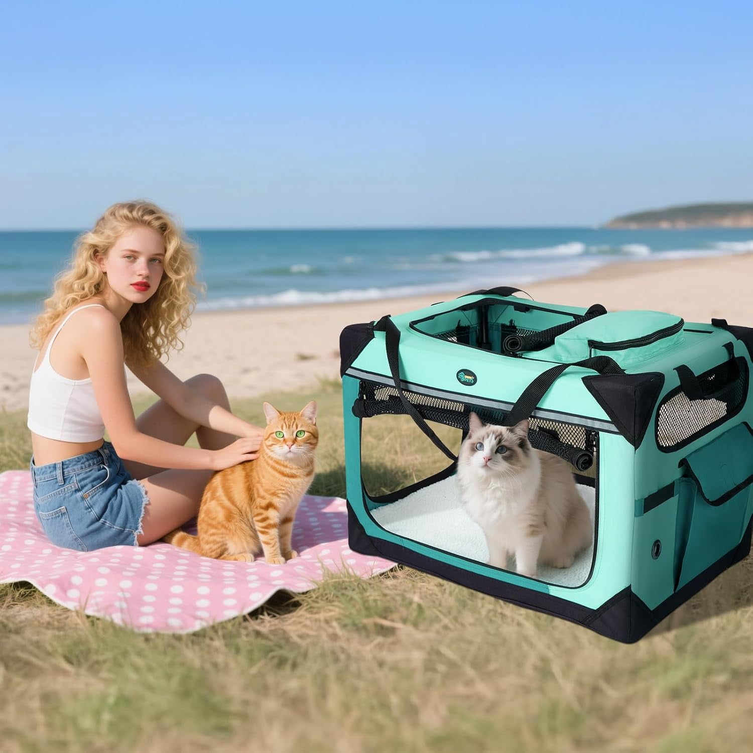 Large   for 2 Cats Small Dogs, 24 Inches Collapsible Soft Dog Crate for Car Travel, Portable  with Soft Mat