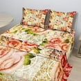 thumbnail image 2 of Ambesonne Retro Fitted & Top Sheet Set with Shams, Psychedelic Floral Motif, Pink Green Cream, 2 of 8