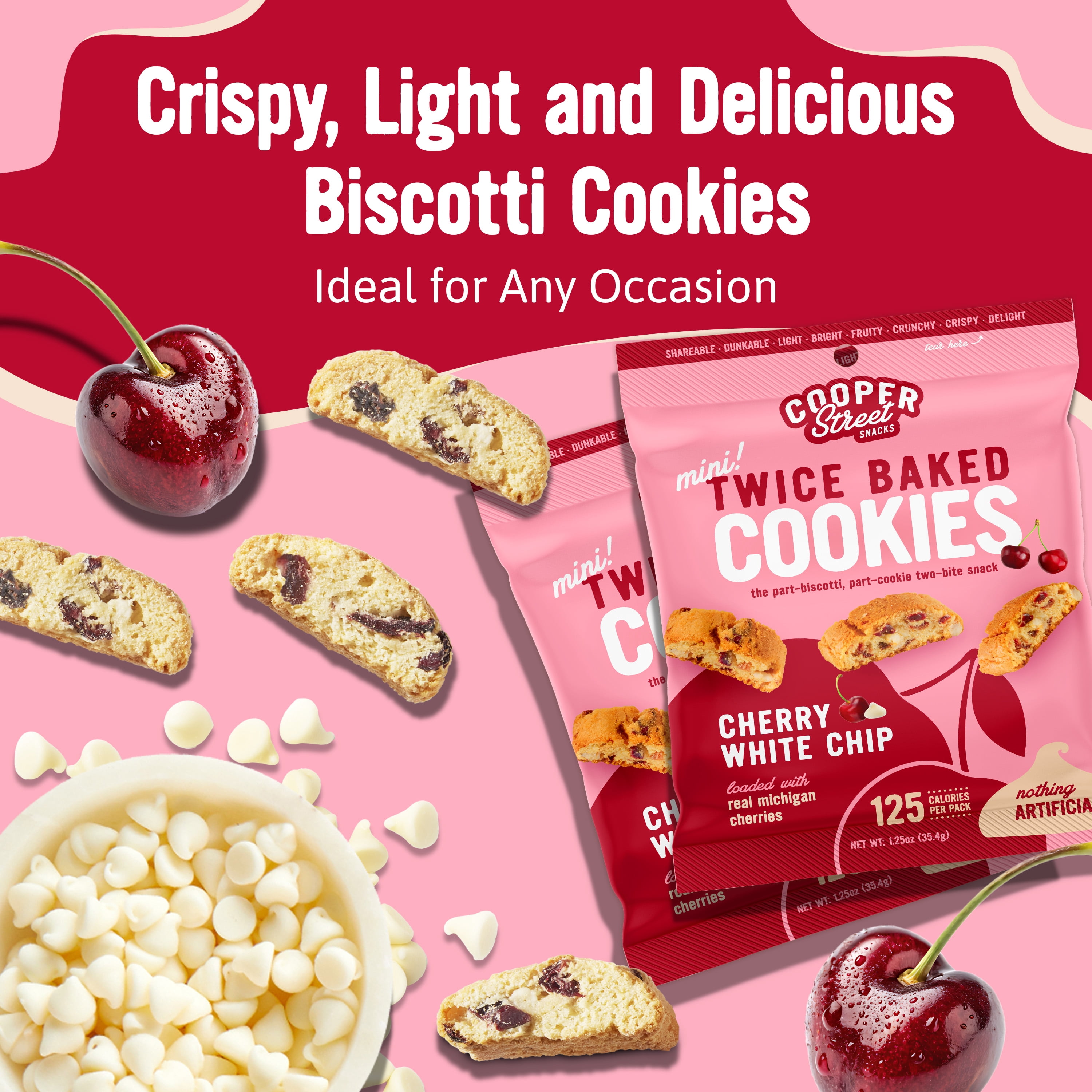 Cooper Street Twice Baked Biscotti Cookies - Cherry White Chip Biscotti - Dairy & Peanut Free, Kosher Coffee Cookies - 1.25oz - 24 Pack