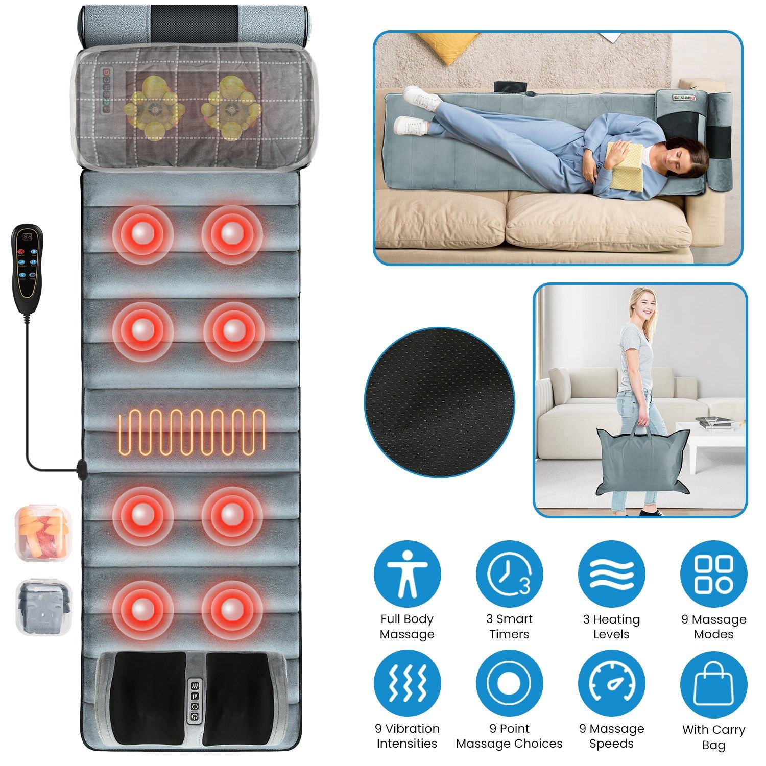 Full Body Electric Massage Mat Heating Vibration Massage Pad Cushion Back Massage Mattress Chair Pad with Neck Foot Massage Head Pillow and Cloth Lumbar Pillow Timer Anti-Slip Bottom Earplugs