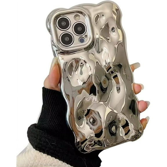 Lovely Girls Case for iPhone 14 Pro Silver Plating Curly Wave Frame, Cute Woman Case for iPhone 14 Pro Meteorite Shape, Shockproof Case for iPhone 14 Pro Kawaii Bubble Design