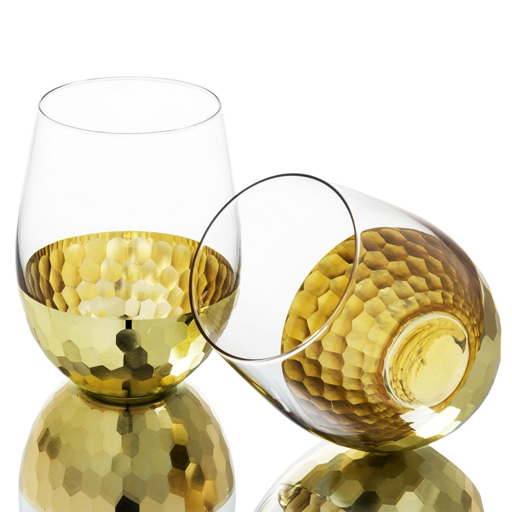 Myt 4 Piece Modern Stemless Wine Glasses With Hammered Brass Metal Bottoms