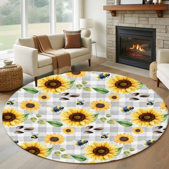 Spring Sunflowers Round Area Rug 5Ft Washable Circle Rugs for Living Room Bedroom, Rustic Floral Farmhouse Grey Buffalo Plaid Non-Slip Carpet Floor Mats Indoor Outdoor Carpet Runner Home Decor