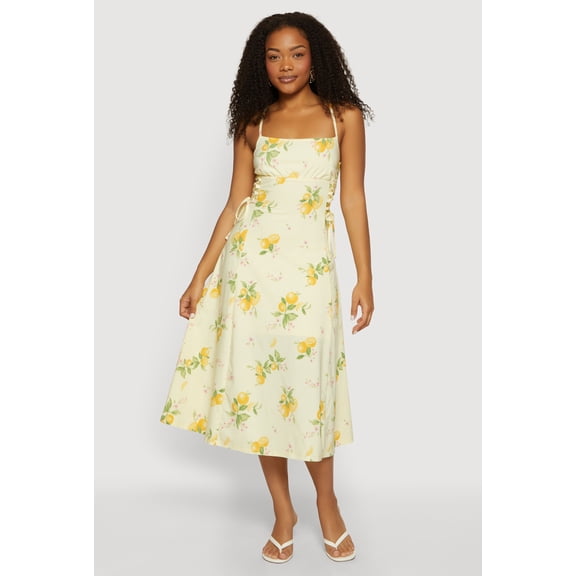 Women's Lemon Print Lace Up Sides Midi Dress