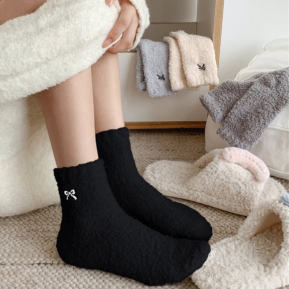 Baberdicy Fleece Socks with Bow Detail, Cozy House Socks for Women, Plush Sleeping Socks, Ideal for Women Lounging, Sleeping, Keeping Feet Warm at Home Black