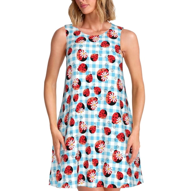 Balery Flowers and Lady Bugs Vestidos de verano para mujer con estampado: vestido holgado sin mangas, vestido playero informal y cómodo para días calurosos.