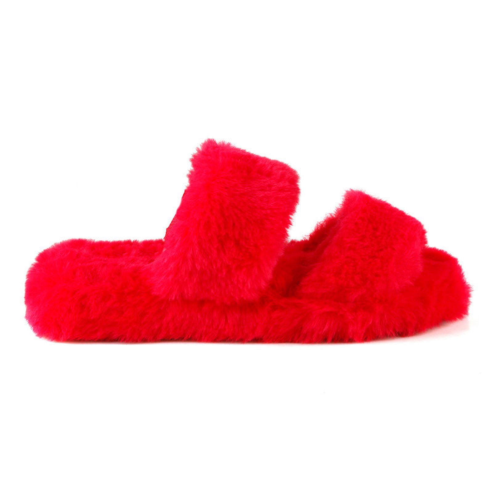 Furry double strap women's slide on sandals