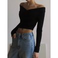 thumbnail image 4 of Women Off Shoulder Twist Front Long Sleeve Crop Top Solid Color Slim Fitted Casual Going Out Blouse, 4 of 11