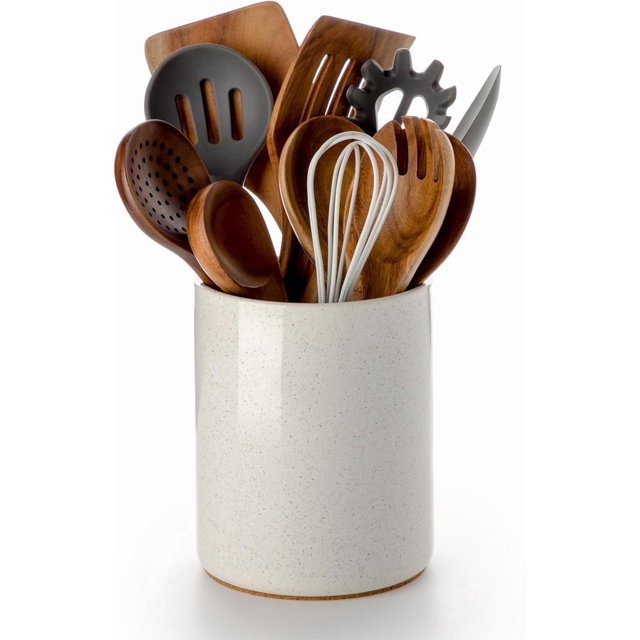 CUITING Utensil Holder 6.4” Ceramic Kitchen Utensil Holder for Countertop with Protection Cork Bottom Vintage Farmhouse Kitchen Decor for Counter Gift (Sand)