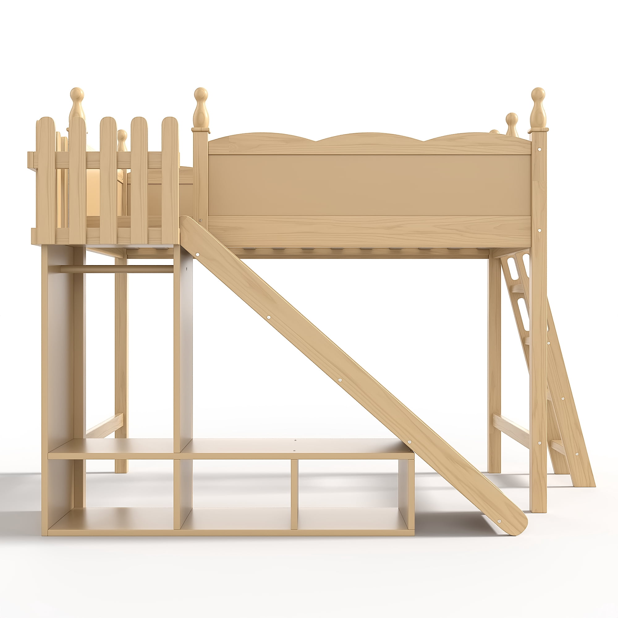 Leumius Twin Loft Bed Frame with Storage Shelves and Wardrobe, Solid Wood Loft Bed with Detachable Slide and Ladders for Kids Teens Adults Natural