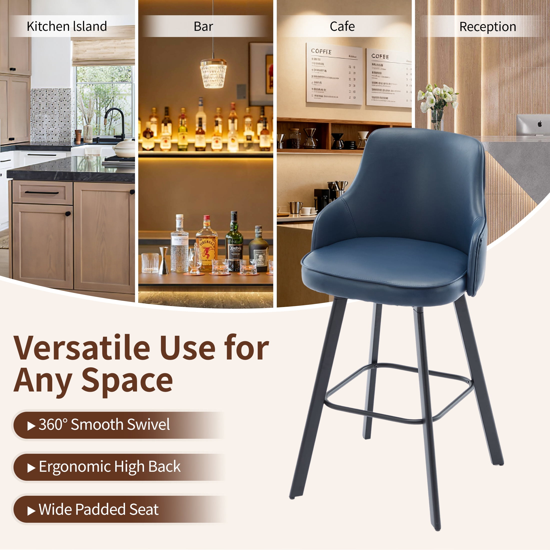 FIRAVOE Bar Stools Set of 3 (High Back) Swivel Barstools (30") Bar Height Bar Stools Faux Leather Bar Chairs for Kitchen Island, Blue