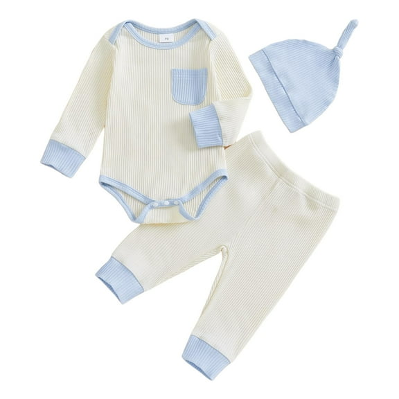 Povozer Newborn Baby Girl Going Home Outfit Ruffle Ribbed Romper Top Pants Set(Light Blue,0-3M)