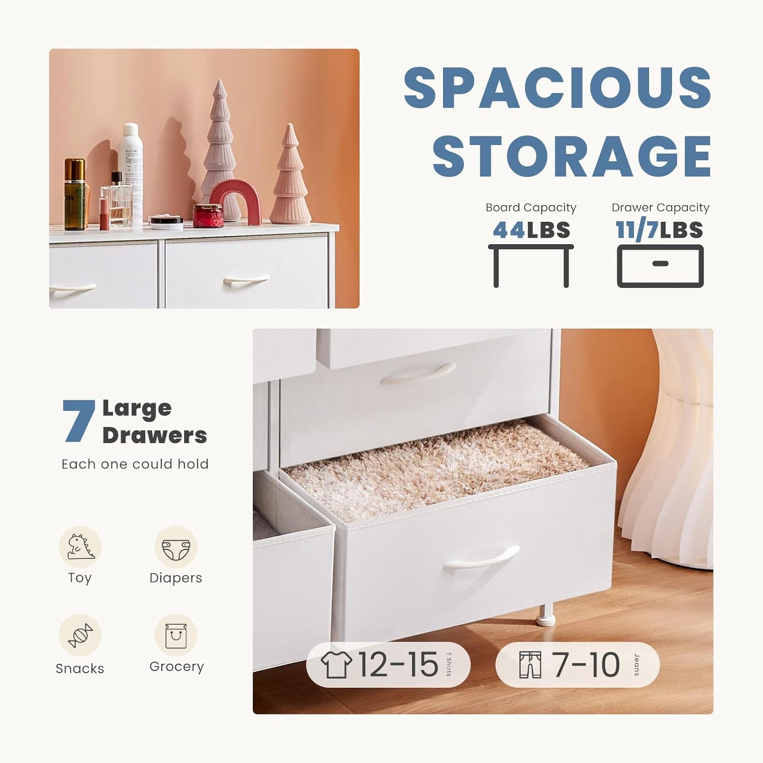【Holiday Ready】Space-Saving 7-Drawer Fabric Dresser, Easy Assembly Storage Organizer for Bedroom & Nursery, White with Wood Top