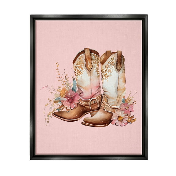 Stupell Industries Floral Pink Cowgirl Boots Beauty & Fashion Painting Black Floater Framed Canvas Art Print Wall Art, 17 x 21