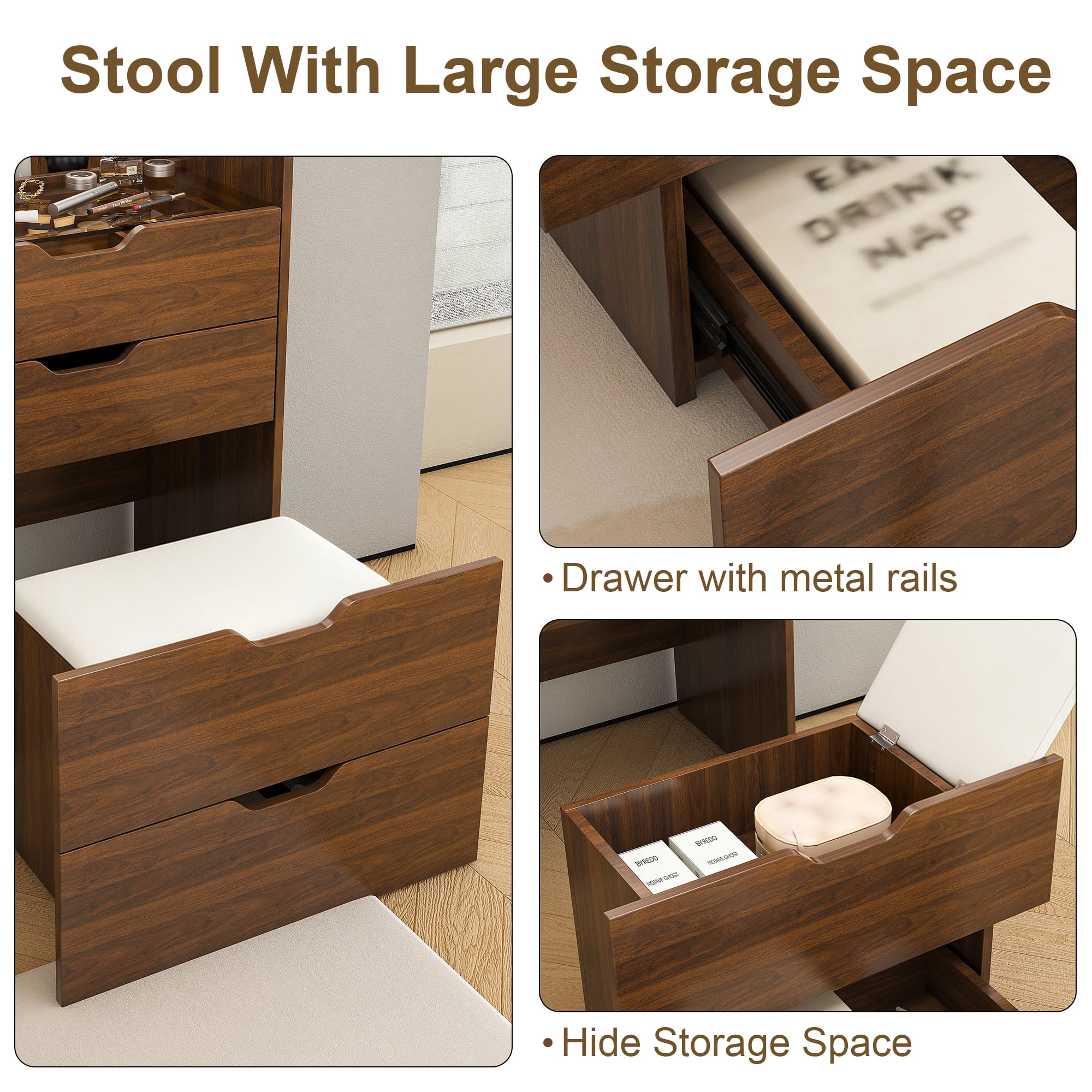 3-in-1 Vanity Desk with Flip Top Lighted Mirror & Storage Stool, Compact Makeup Dressing Table for Bedroom, Bathroom, or Dressing Room (23.L, Walnut)
