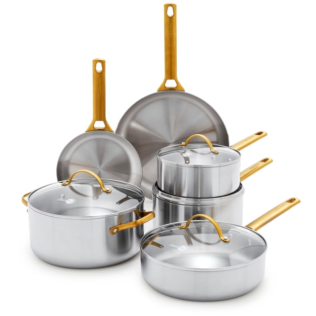 juego de utensilios de cocina greenpan tri-ply reserve de acero inoxidable, 10 unidades Conjunto de 10 piezas en acero inoxidable pulido con mangos tono oro; incluye sartén de 8" y 11", cacerolas de 2.11 y 3 cuartos con tapas de vidrio y olla de 5.19 cuartos con tapa; construcción de triple capa según especificaciones, apto para inducción y horno hasta 600 °F (tapas hasta 425 °F). También suele usarse para llevar comidas calientes a reuniones pequeñas.