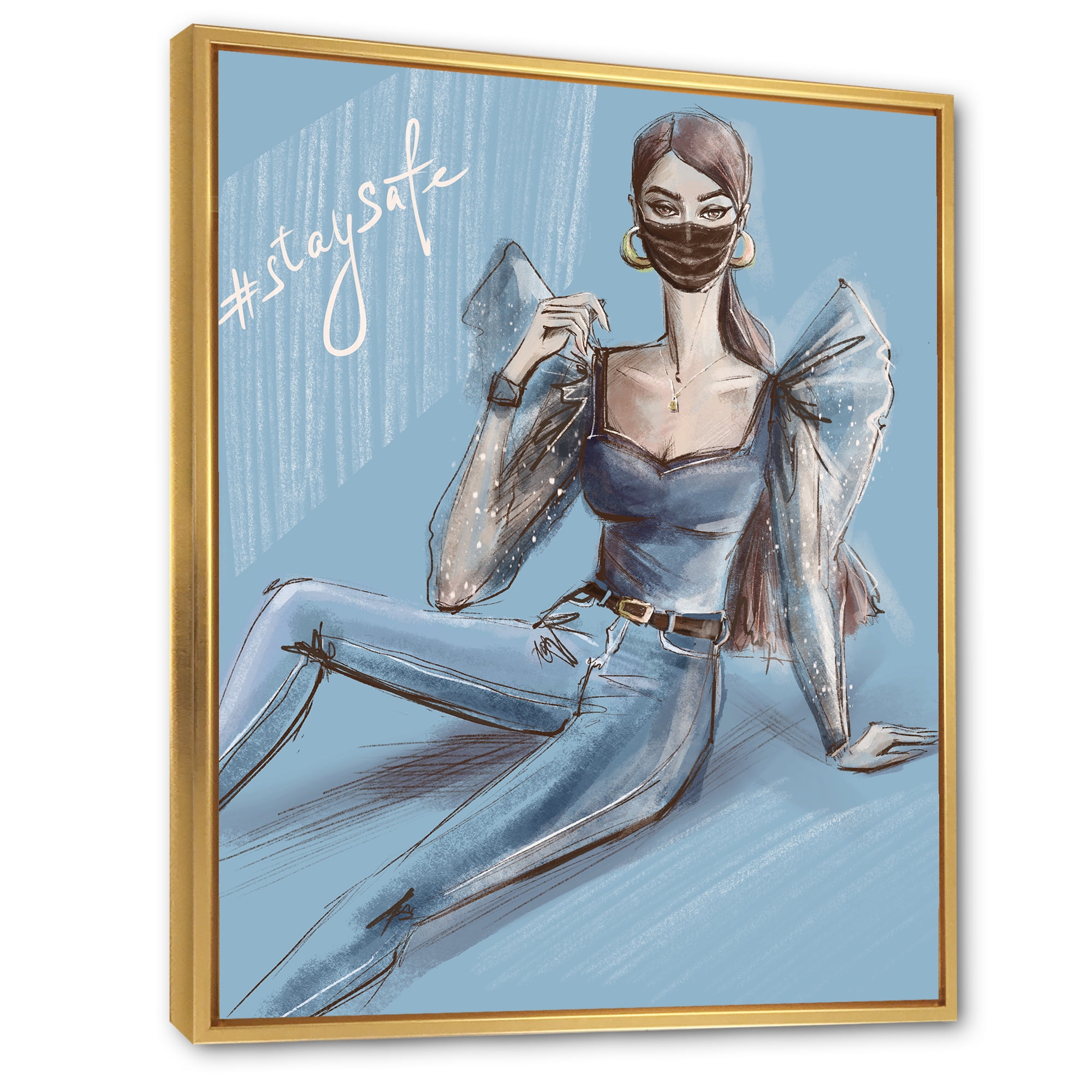 Designart 'Stylish Beautiful Woman Wearing Medical Mask' Traditional Framed Canvas Wall Art Print
