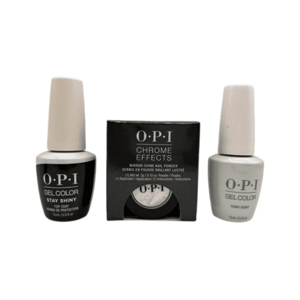 OPI Chrome Effects Tin Man Can, Gelcolor Funny Bunny, Shiny Top Coat
