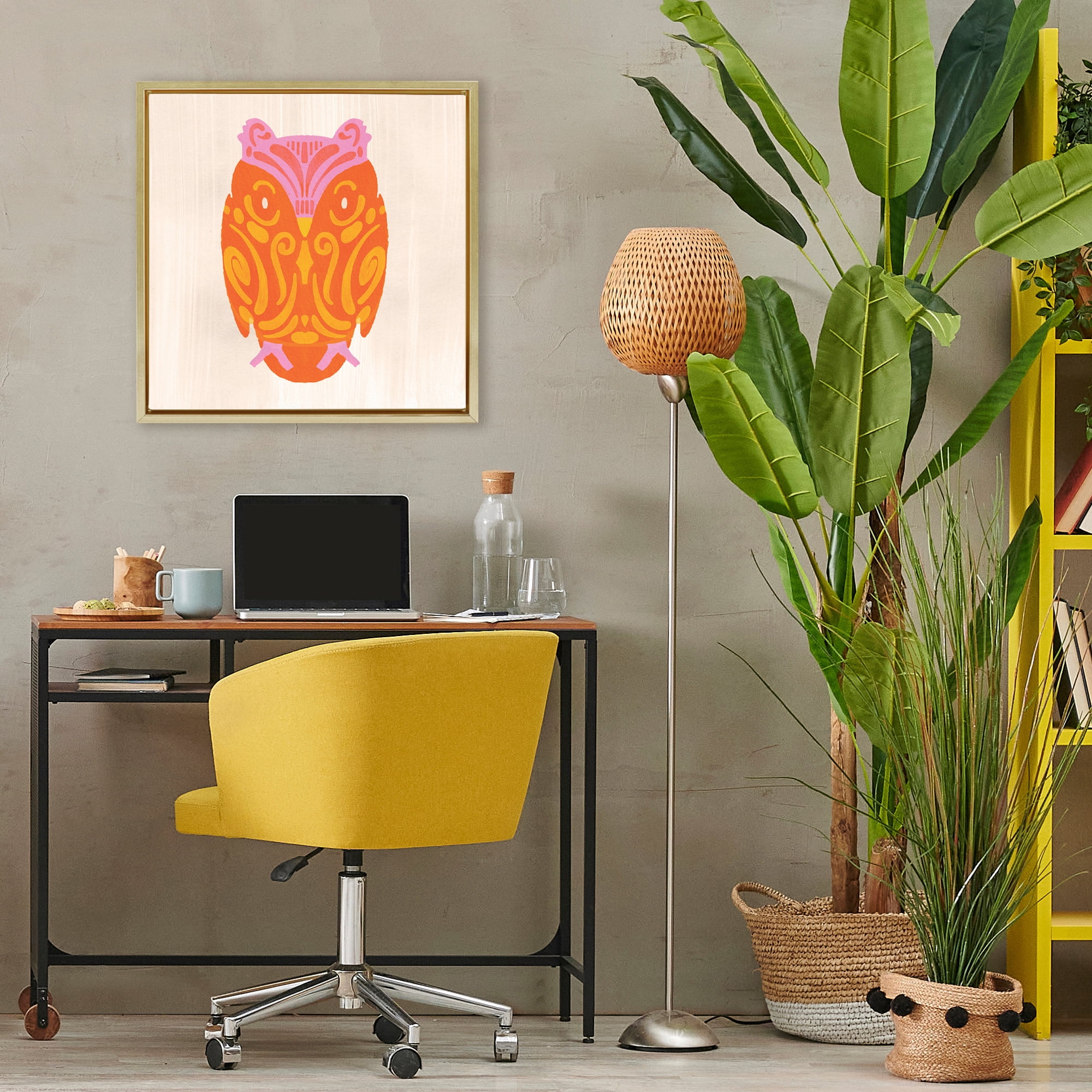 Stupell Industries Vibrant Folk Owl Motif Gold Framed Floater Canvas Wall Art, design by The Paper Curator
