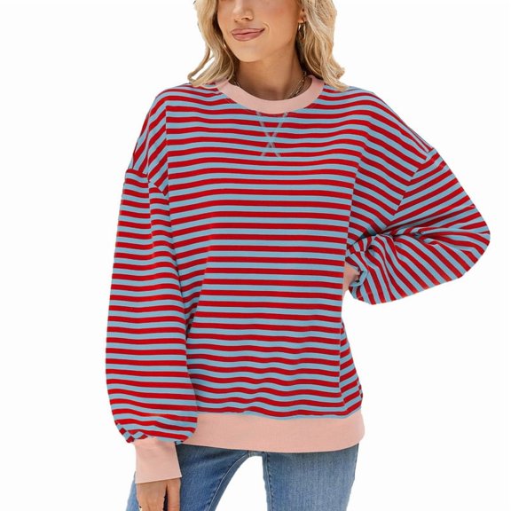 Sweatshirt For Women Oversized Long Sleeve Striped Pullover Color Block Crewneck Casual Loose Tops Y2K Clothes Workout Shirt