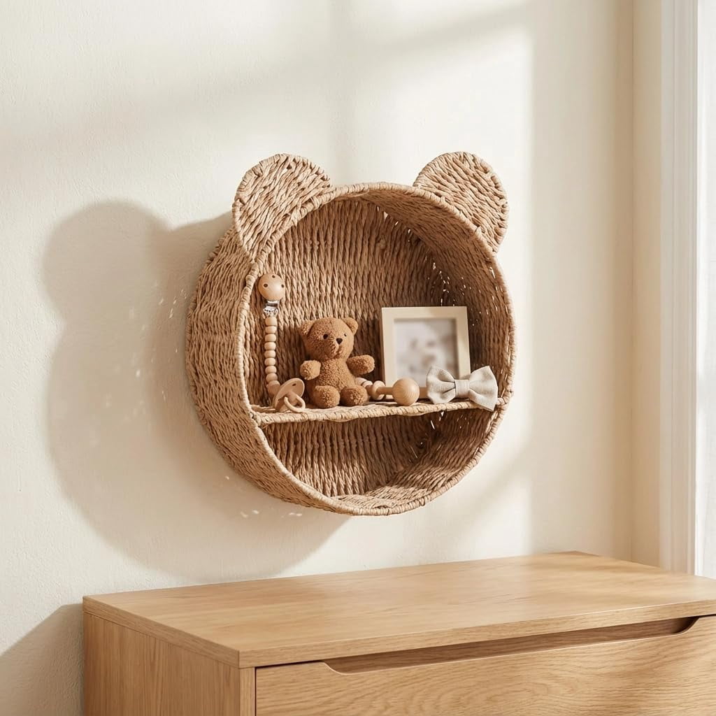 12.6-inch Bear Rattan Shelf, Handwoven Wicker Rack Round Shelf for Wall, Wall-Mounted Floating Display Shelf Organizer for Small Books, Toys & Decor
