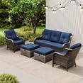 thumbnail image 3 of Meetleisure 5 Piece Wicker Patio Furniture Set, Rattan Chairs with 3-Seater Sofa, Ottomans, High Back, Deep Seating, Wide Armrest, Thick Cushions for Deck Porch, Dark Blue, 3 of 9