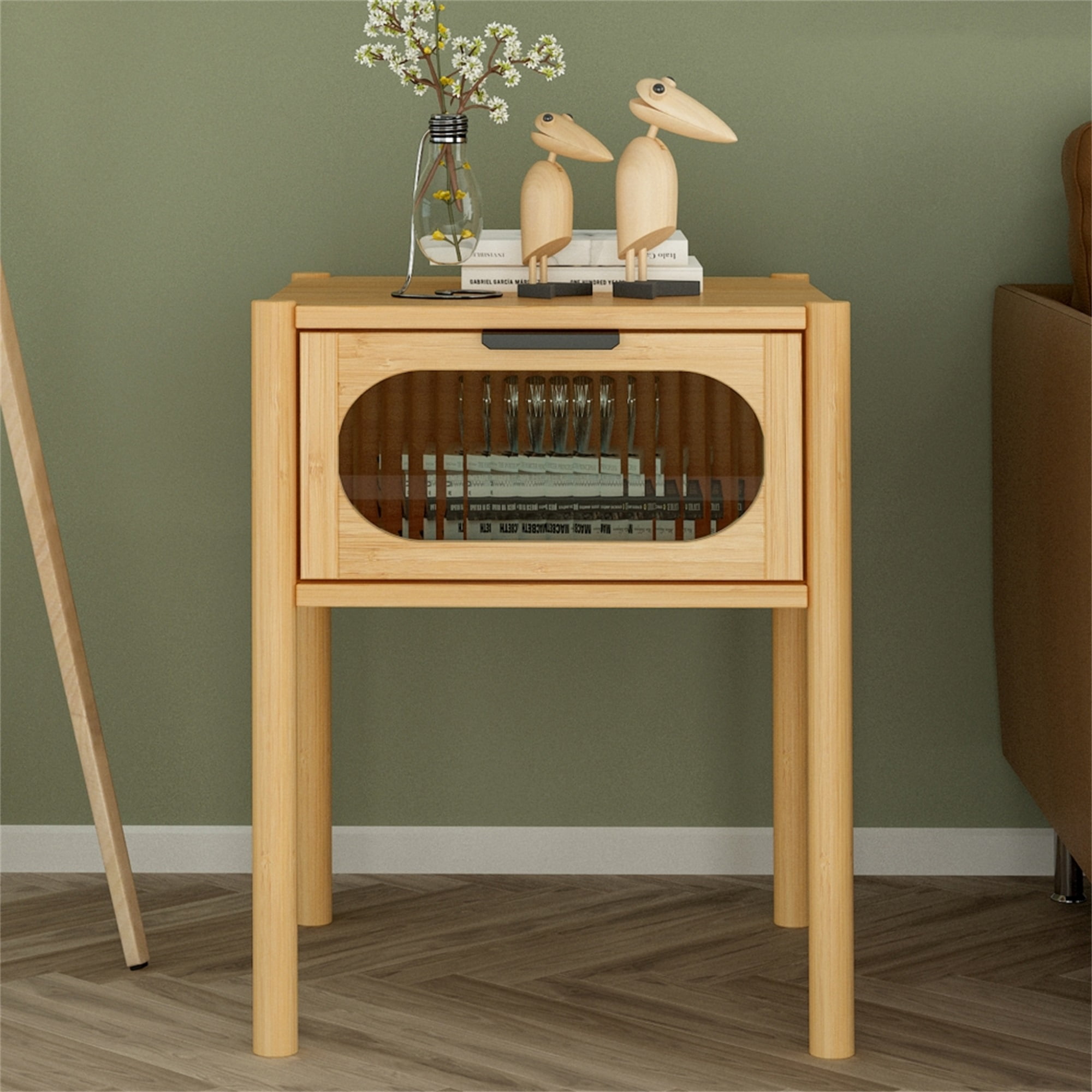 Resenkos Natural Bamboo Accent End Table for Bedroom with Drawer