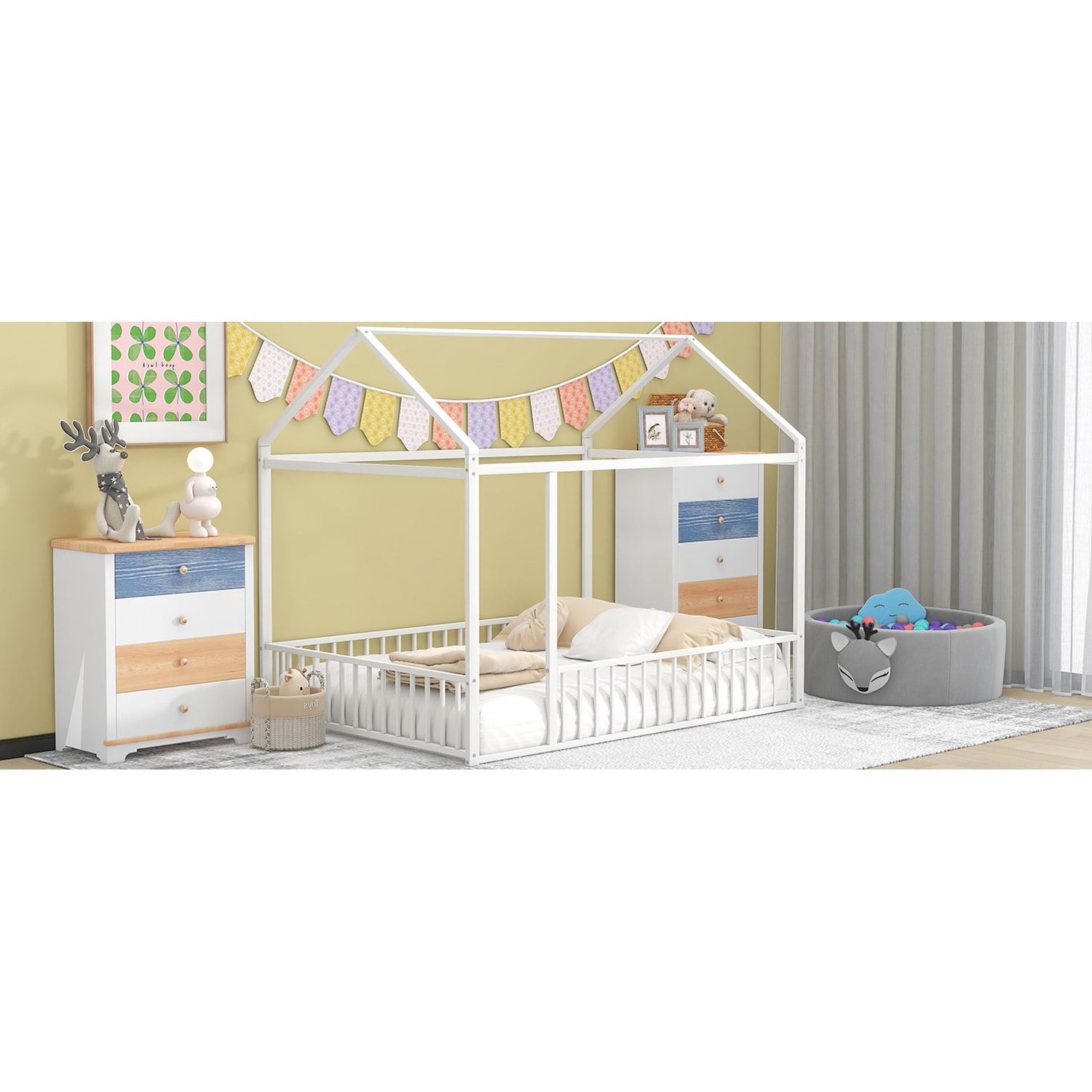 Full Size Metal Bed House Bed Frame with Fence, for Kids, Teens, Girls, Boys,White