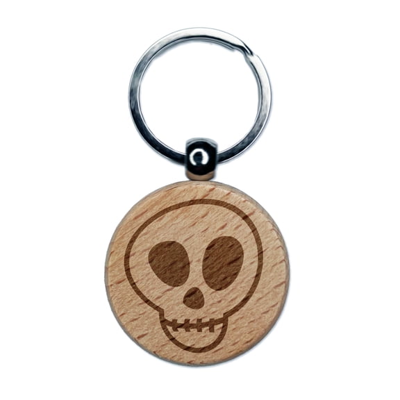 Skull Doodle Round Keychain Charm Tag - Engraved Wood