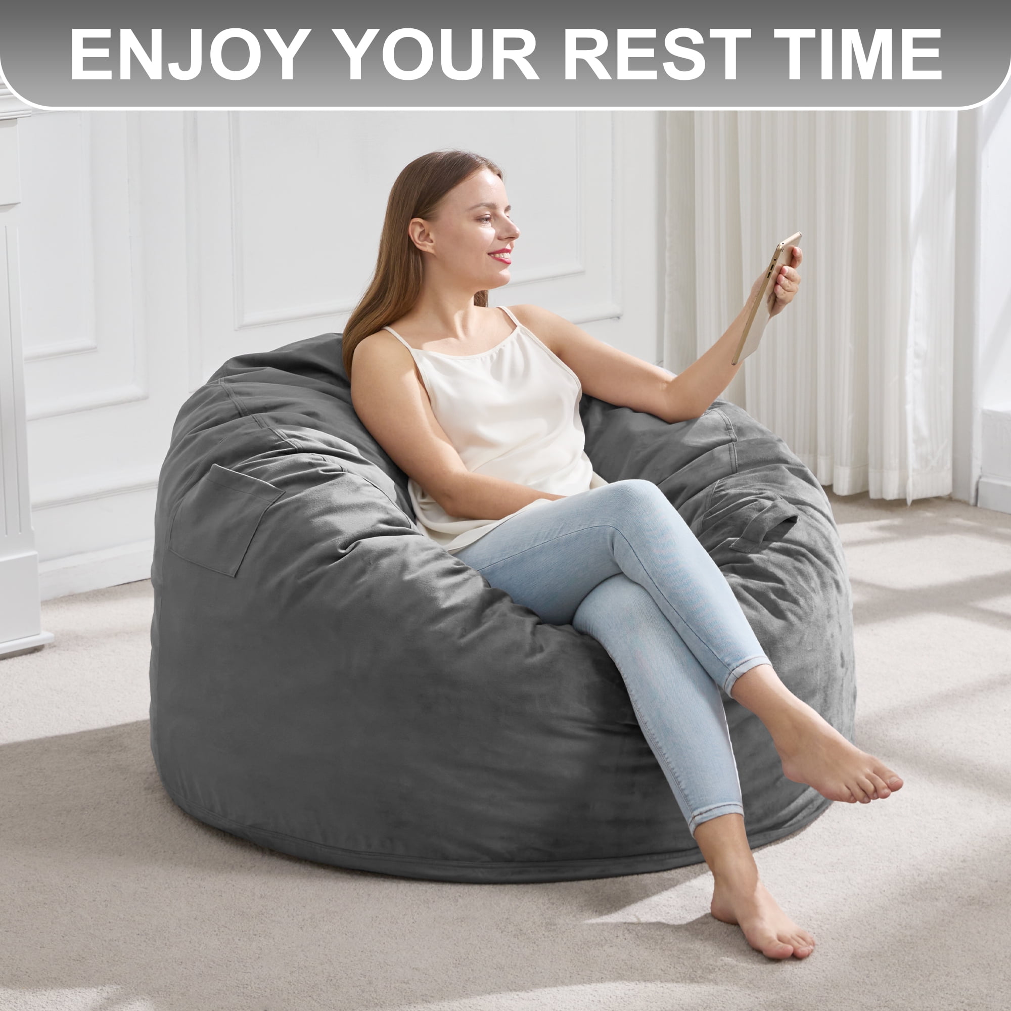 3FT Bean Bag Chair Bean Bag Chairs for Adults Giant Bean Chairs with Velvet Cover, Memory Foam BeanBag Chair Fluffy BeanBag Chairs for Living Room, Bedroom - Grey (36" x 36" x 22")