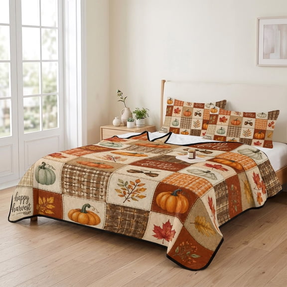 3 Piece Summer Bed Quilt Set Queen Size,Fall Thanksgiving Pumpkin Leaf Lightweight Bedspread Coverlet with 2 Pillowcases Maple Leaves Splicing Plaid Soft Comforter Bedding Quilts for All Season