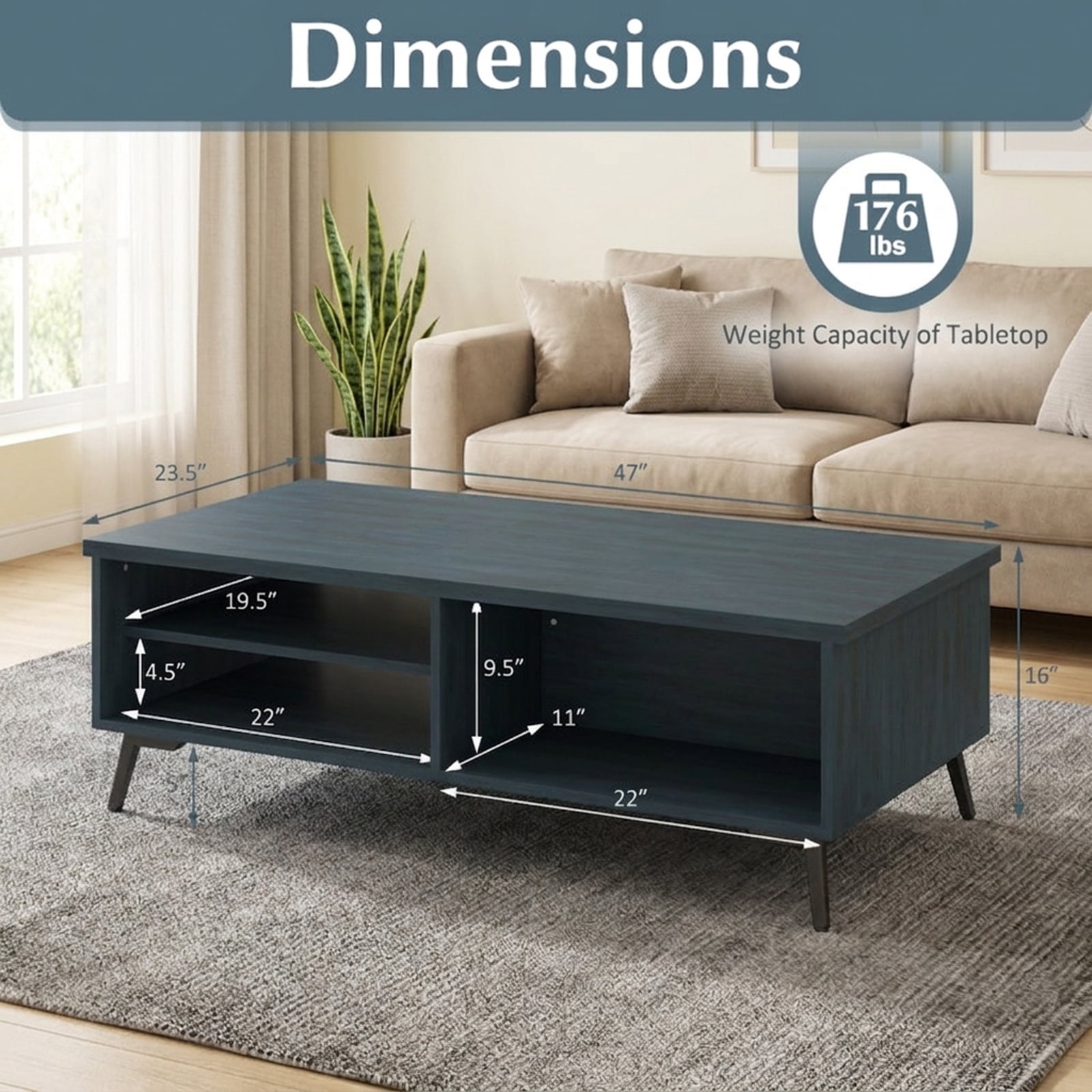 Furnibear 2-Tier Mid Century Modern Coffee Table with Storage Shelves Compartments - Blue - Living Room Cocktail Center Table